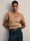 Reiss Womens Camel Valerie V-neck Cotton And Wool-blend Knitted Top In Brown