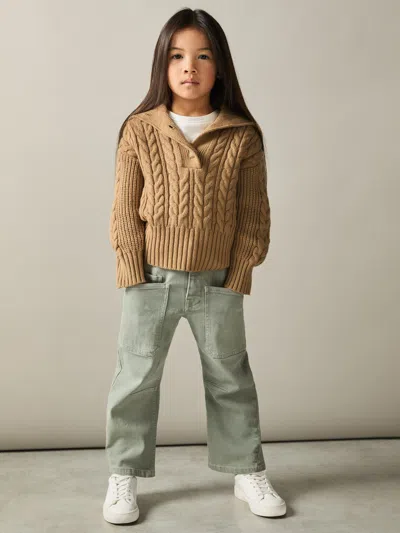 Reiss Camel 9-13 Yrs Cotton-blend Open-collar Cable-knit Jumper With Wool