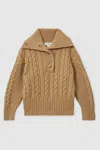 Reiss Camel 9-13 Yrs Cotton-blend Open-collar Cable-knit Jumper With Wool In Camel