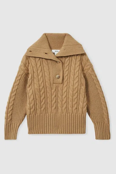 REISS REISS CAMEL ETTA 13-14 YRS COTTON-BLEND OPEN-COLLAR CABLE-KNIT JUMPER WITH WOOL