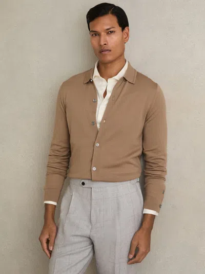 Reiss Camel Merino Wool Button Through Cardigan In Brown