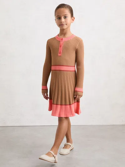 Reiss Camel Holly 3-9 Yrs Colour-block Knitted Skater Dress In Brown