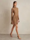 Reiss Camel Savannah Jersey Ribbed Flared Mini Dress