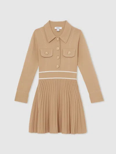 REISS CAMEL KNITTED CONTRAST STITCH DRESS