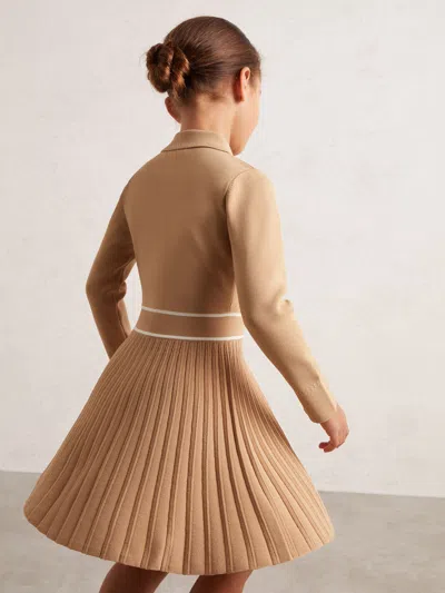 Reiss Camel Knitted Contrast Stitch Dress In Brown