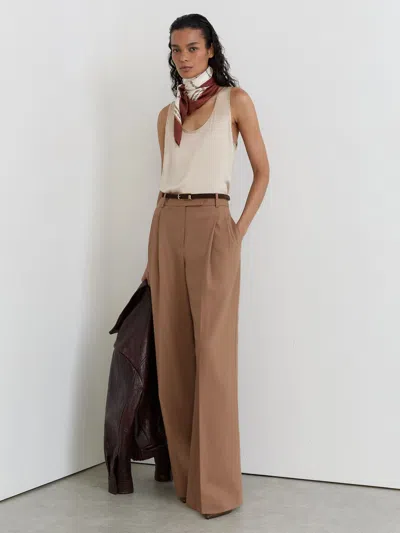 Reiss Camel Luna Petite Wool-blend Wide-leg Pleated Trousers In Brown