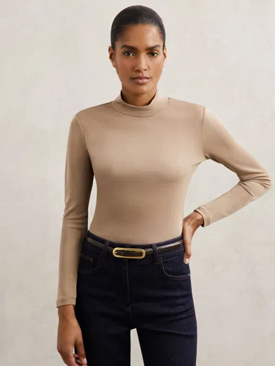 Reiss Camel Lyocell-blend Funnel-neck Top In Brown