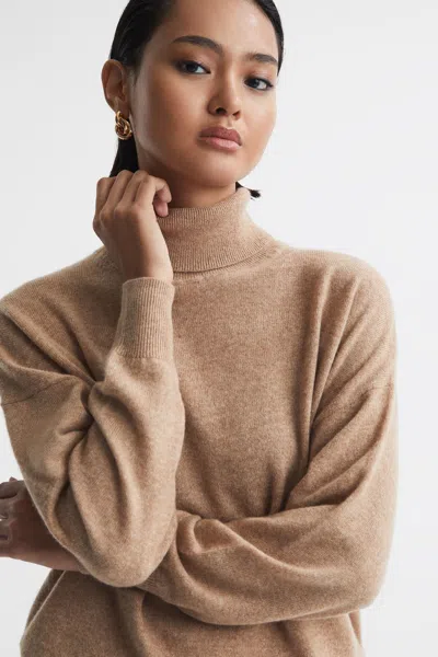 Reiss Camel Mabel Fitted Cashmere Roll Neck Top