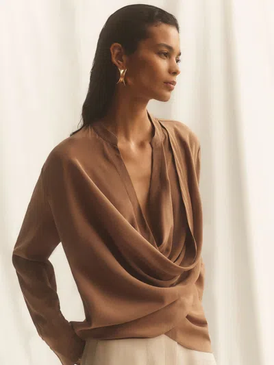 Reiss Camel Matte Silk Draped Shirt