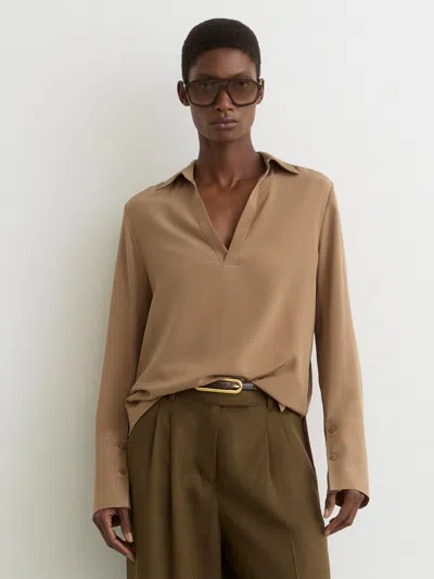 Reiss Camel Matte-silk Open-collar Blouse In Brown