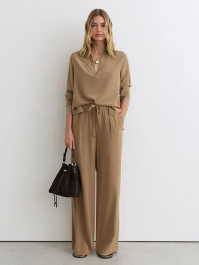 Reiss Camel Matte-silk Wide-leg Trousers In Brown