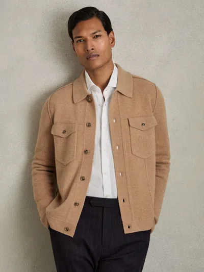Reiss Camel Melange Flinch Wool Button Through Knitted Jacket In Brown