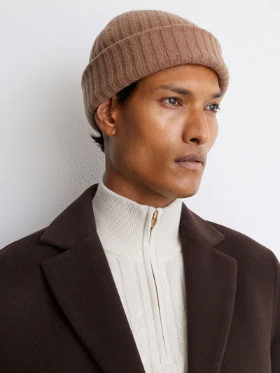 Reiss Camel Merino Wool-blend Wide-rib Beanie In Brown