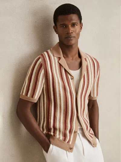 Reiss Camel Multi Carrington Cotton Crochet Stripe Cuban Shirt