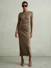 Reiss Camel Petite Wool Ruche Detail Midi Dress