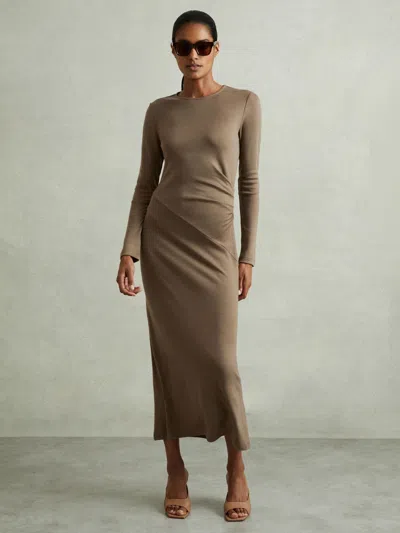 Reiss Camel Petite Wool Ruche Detail Midi Dress