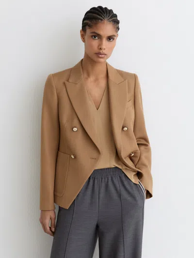 Reiss Camel Petite Wool-blend Double-breasted Blazer In Brown