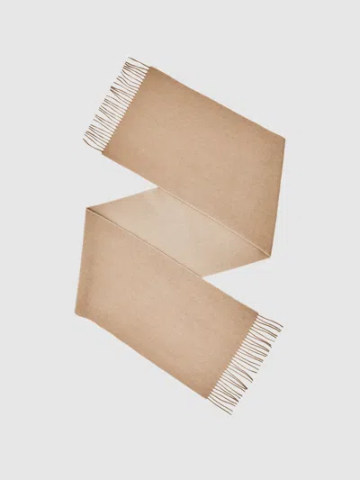 Reiss Camel Wool-cashmere Script-logo Scarf In Brown
