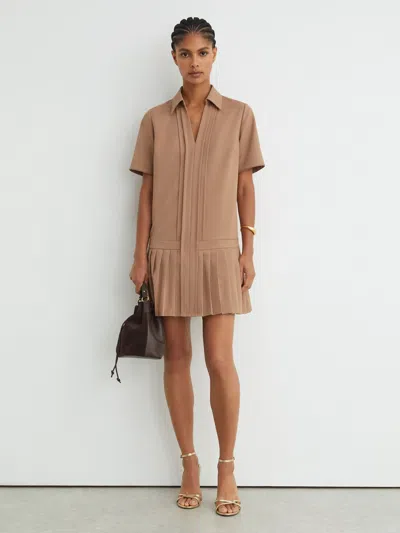 Reiss Camel Pleated-skirt Collared Mini Dress In Brown