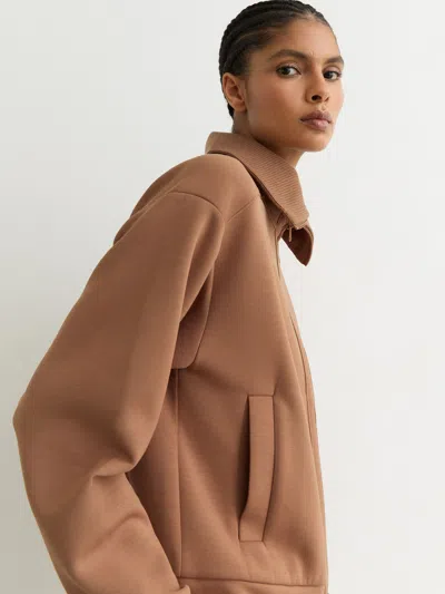 Reiss Camel Premium Interlock Zip-front Sweatshirt In Brown