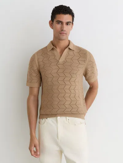 Reiss Mens Camel Belford Open-collar Stitch-detail Knitted Polo Xs In Brown