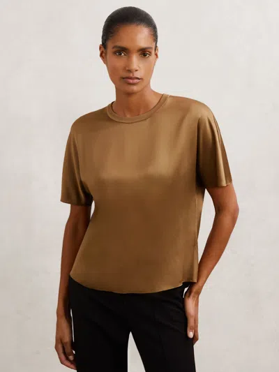 Reiss Camel Silk Short-sleeve Top In Brown