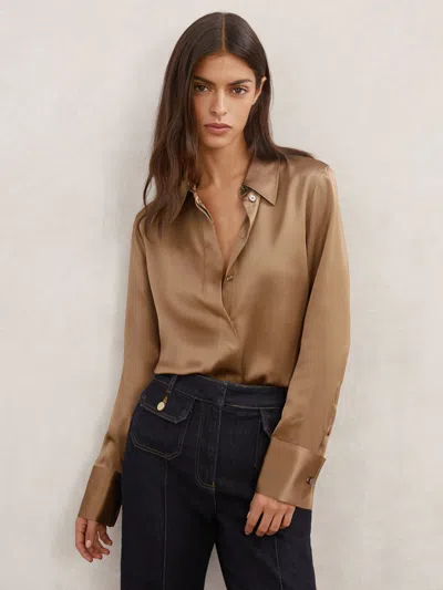 Reiss Camel Silk-satin Concealed-placket Shirt In Brown