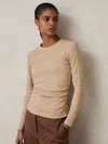 Reiss Camel Cotton Long-sleeve Ruched T-shirt With Stretch In Brown