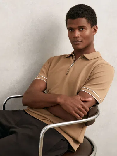 REISS CAMEL TEXTURED HALF-ZIP TIPPED POLO SHIRT