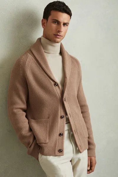 Reiss Camel Winters Ribbed Shawl-collar Cardigan With Cotton And Wool
