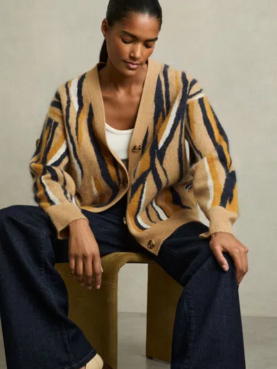 Reiss Camel Wool Cashmere Intarsia Stripe Cardigan In Multi