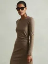 Reiss Camel Ruche Detail Midi Dress Wool Ruched