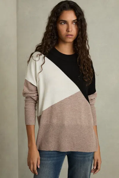 Reiss Camel/black Geometric Colour-block Jumper With Wool And Cashmere