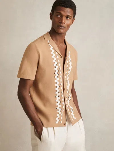 Reiss Camel/off White Addington Geometric Cuban-collar Knit Shirt In Neutral