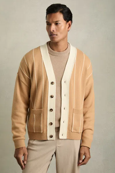Reiss Camel/white Wool-blend Pinstripe Cardigan