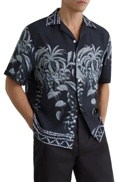 Reiss Mens Navy Camino Palm-print Woven Shirt In Blue