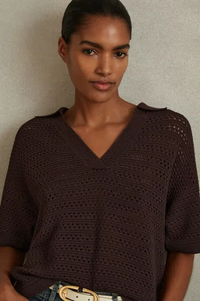 Reiss Chocolate Carla Knitted Open-collar Polo Shirt In Chocolate
