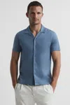 Reiss Steel Blue Mercerised Jersey Cuban Collar Shirt