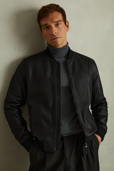 Reiss Black Cast Grained Leather Bomber Jacket