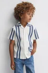 REISS CASTLE - WHITE/AIRFORCE BLUE RIBBED STRIPED CUBAN COLLAR SHIRT, UK 13-14 YRS