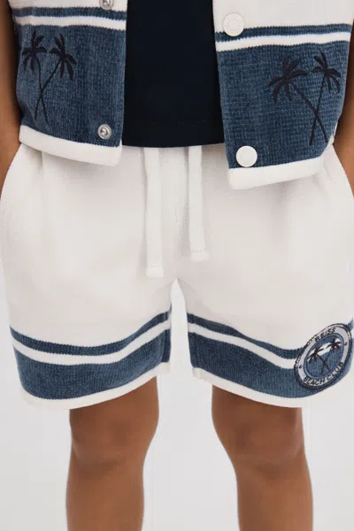Reiss Kids' Catch - Optic White/airforce Blue Velour Drawstring Shorts, Age 8-9 Years