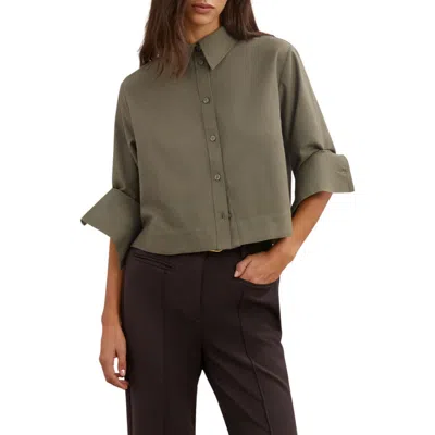Reiss Caylan Cotton & Wool Crop Button-up Shirt In Green