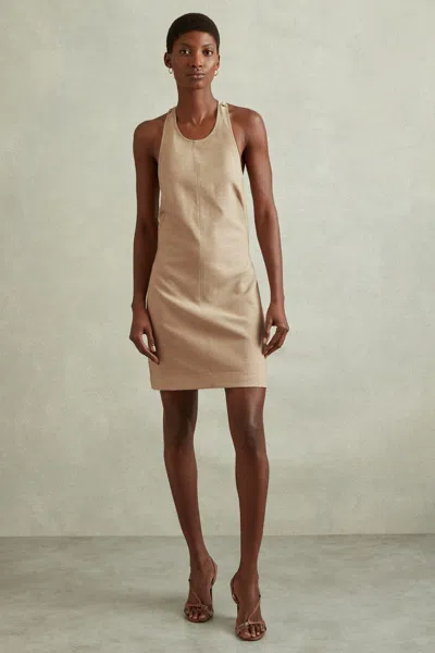 Reiss Neutral Wool Strappy Tie Back Mini Dress