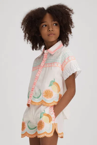 Reiss Cesca - Ivory Print Junior Cotton Broderie Shirt, Age 6-7 Years