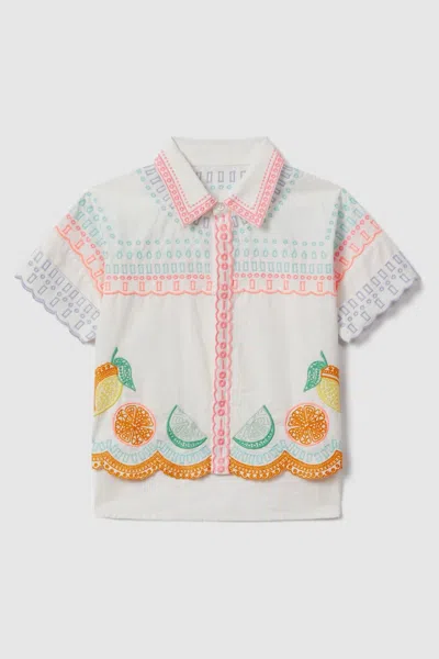 Reiss Cesca - Ivory Print Teen Cotton Broderie Shirt, In Neutral
