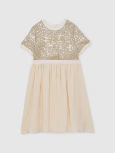 Reiss Champagne 13-14 Yrs Sequin-top Chiffon-skirt Dress In Burgundy