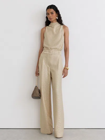 Reiss Champagne Neutral Erin Jacquard Cowl-neck Belted Jumpsuit In Gold
