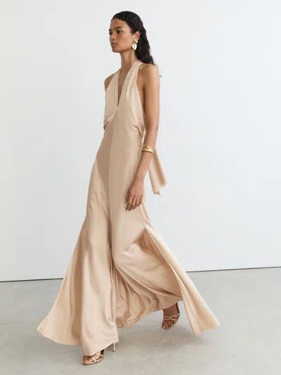 Reiss Champagne Neutral Lilianna Satin Halterneck Empire-line Maxi Dress