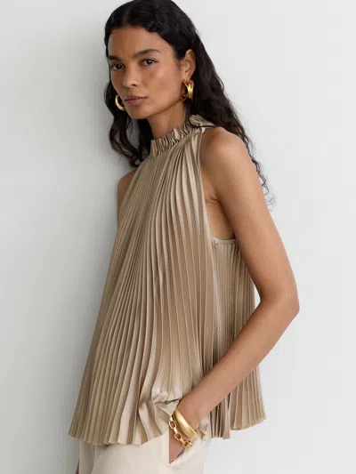 Reiss Champagne Neutral Satin Pleated High-neck Sleeveless Top In Brown