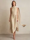 Reiss Champagne Neutral Satin Tuck-detail Cape Midi Dress